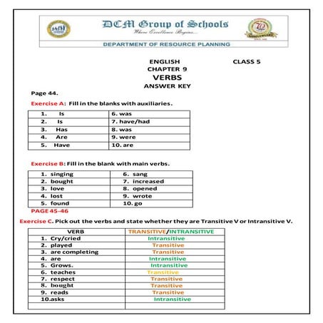Verbs answer key class 5 august english