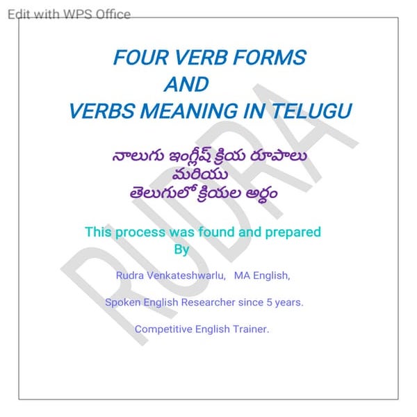 Verbs meanings in telugu and 4 four verb forms PDF