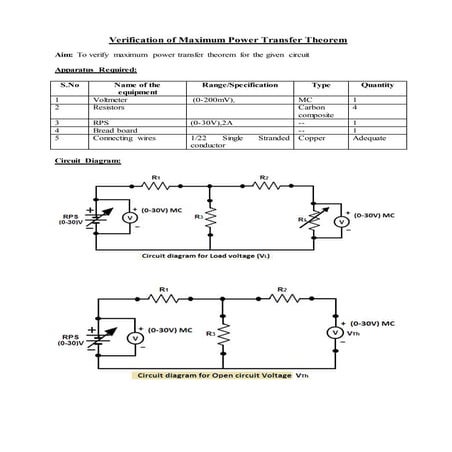 Verification of maximum power transfer theorem | DOCX