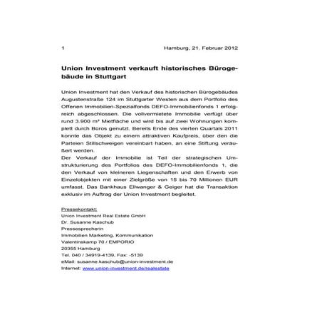 Pressemitteilung: Union Investment verkauft historisches Bürogebäude in Stutt...