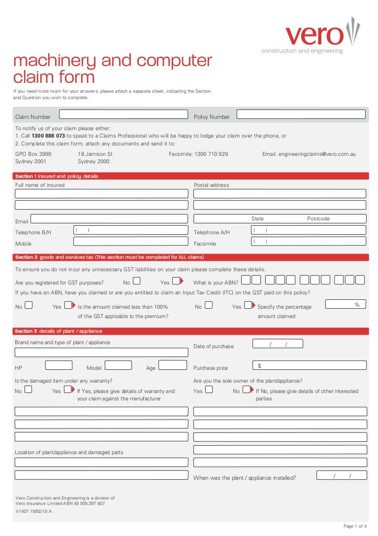 Vero Machinery Breakdown Claim Form