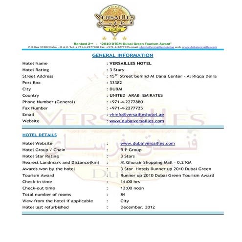 Versailles hotel dubai  content