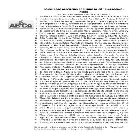 Ata Assembleia Geral do 1º Congresso da ABECS