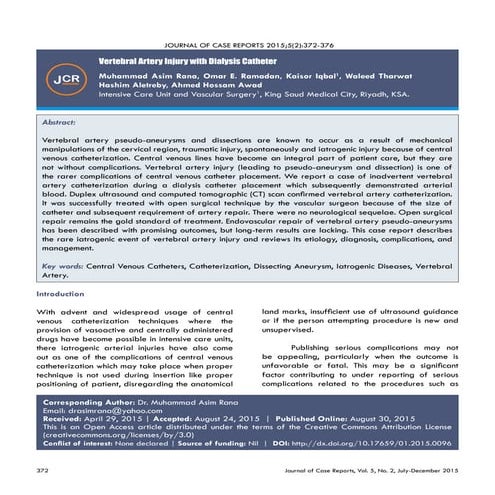 Vertebral artery injury with dialysis catheter