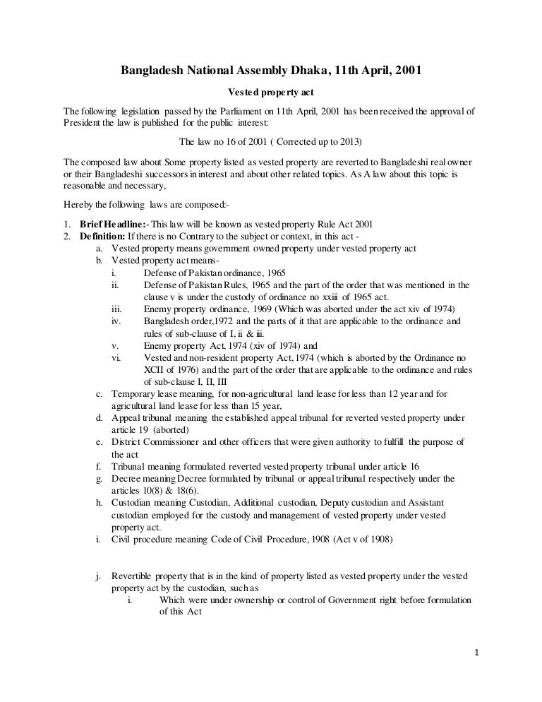 Vested property settlement policy in Bangladesh