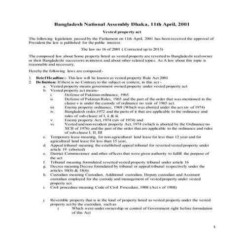Vested property settlement policy in Bangladesh