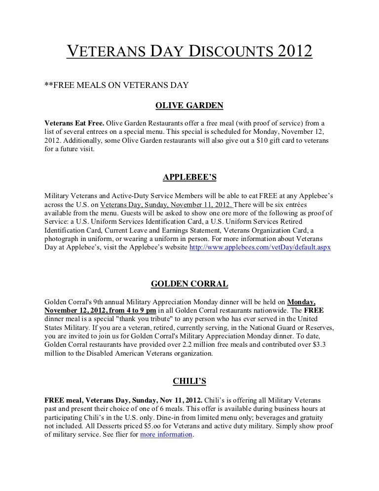 Veterans Day Discounts 2012