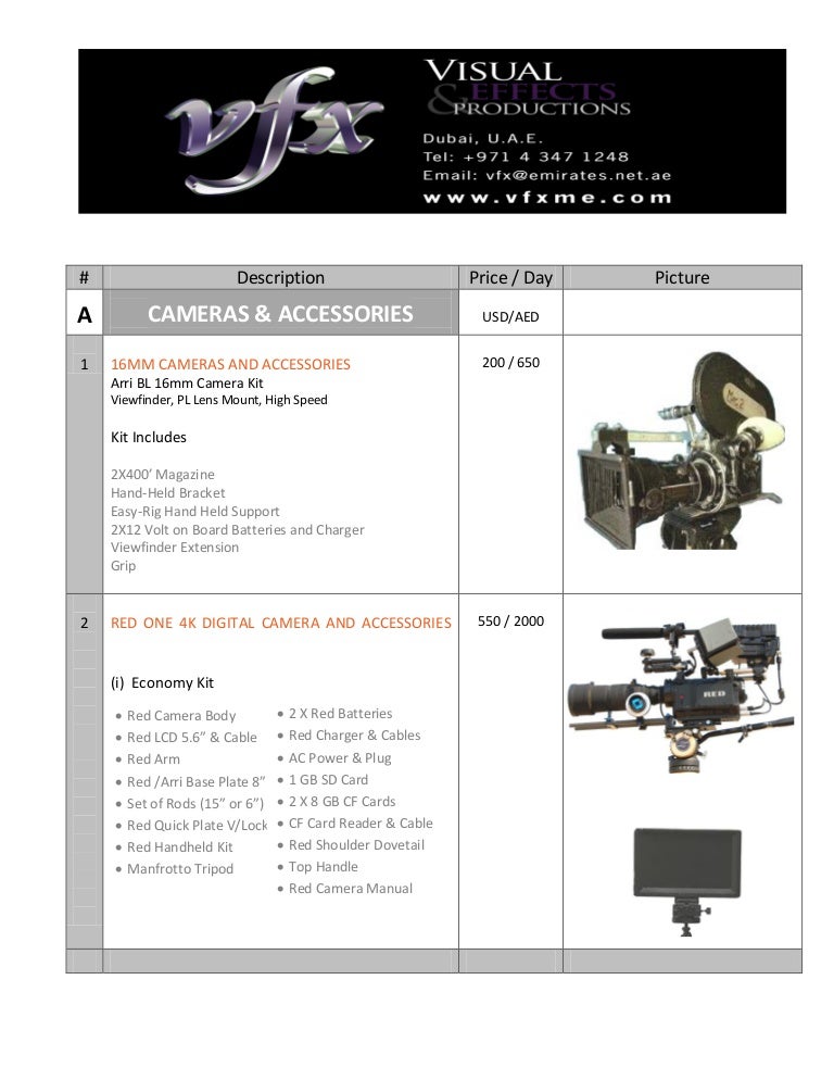 VFX equipment rental rate card