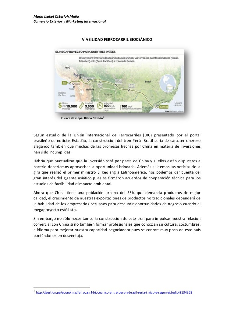 Viabilidad Ferrocarril Bioceanico Peru Brasil