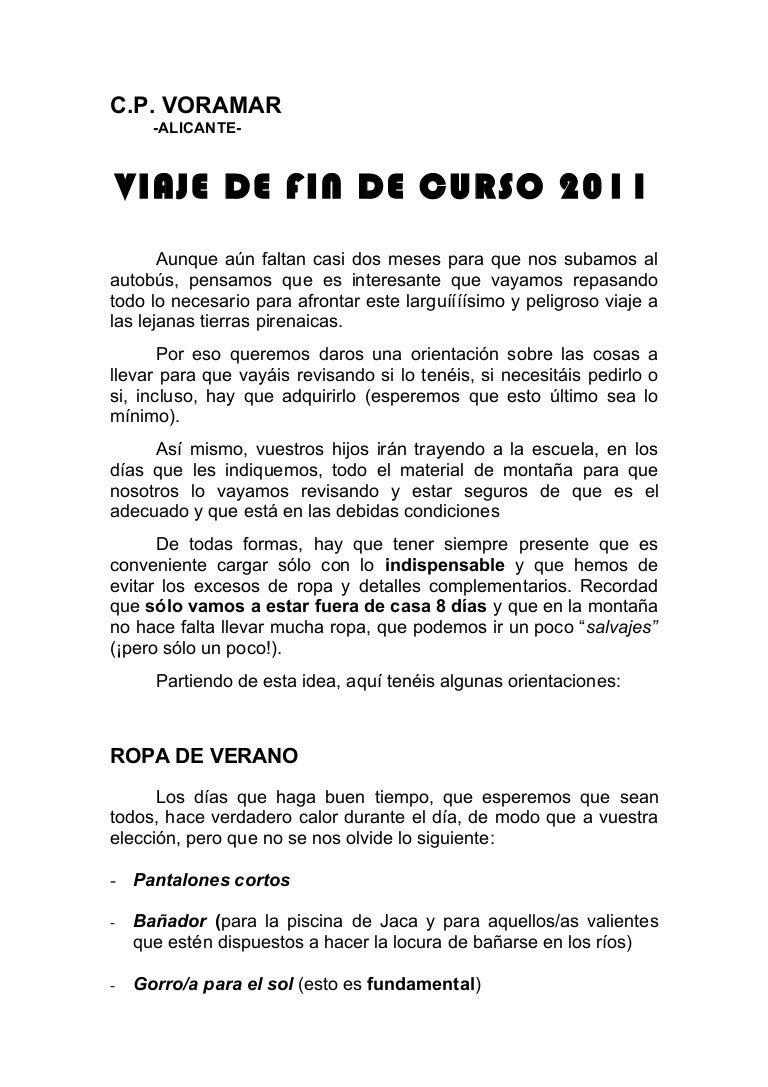 Viaje fin de curso 2011 cosas para llevar