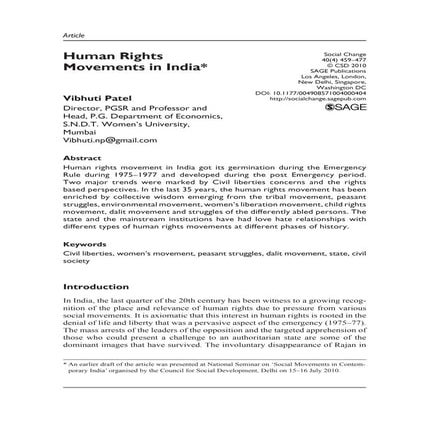 Vibhuti Patel Human Rights Movement in india Social Change, Sage, vol. 40, no. 4, pp. 459 477