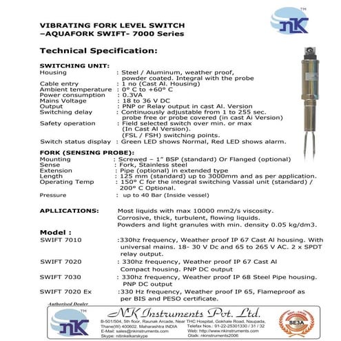 Vibrating fork Level Switches Aqua fork Swift Supplier and Manufacturer in In...
