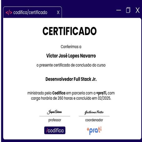 Certificado de conclusão do curso de Desenvolvedor Full Stack