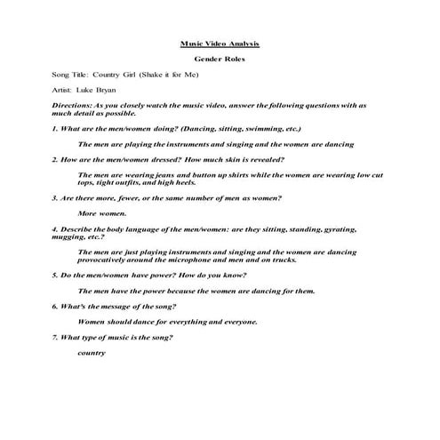 Music video analysis worksheets | DOCX