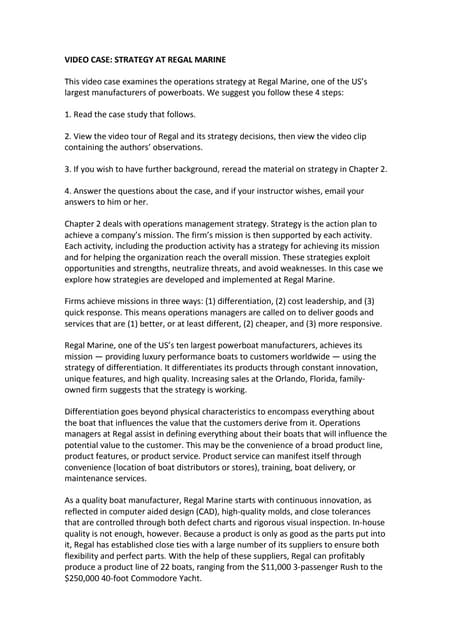 Define regal marine's current strategy competitive priorities and how it wins customers picture