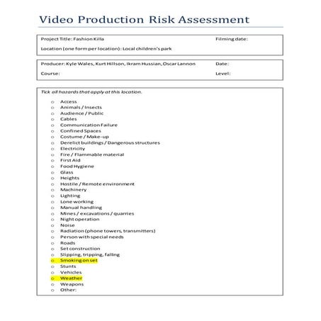 Video production risk assessment | DOCX
