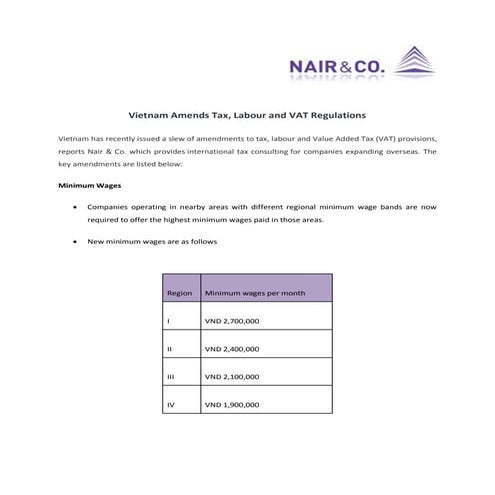 Vietnam Amends Tax, Labour and VAT Regulations