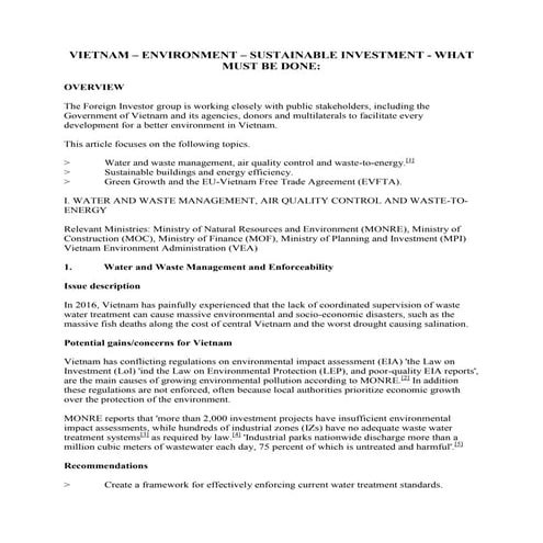 VIETNAM – ENVIRONMENT – SUSTAINABLE INVESTMENT - WHAT MUST BE DONE: