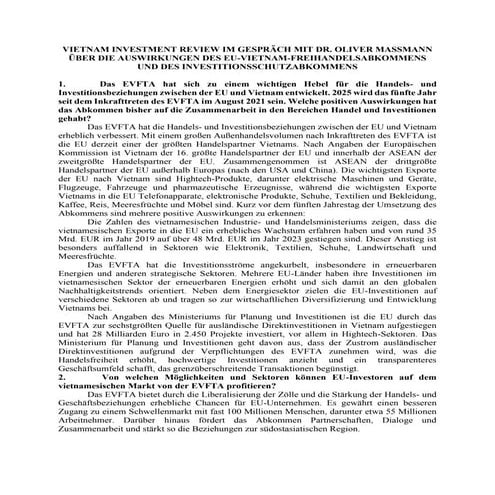 VIETNAM INVESTMENT REVIEW IM GESPRÄCH MIT DR. OLIVER MASSMANN ÜBER DIE AUSWIRKUNGEN DES EU-VIETNAM-FREIHANDELSABKOMMENS UND DES INVESTITIONSSCHUTZABKOMMENS