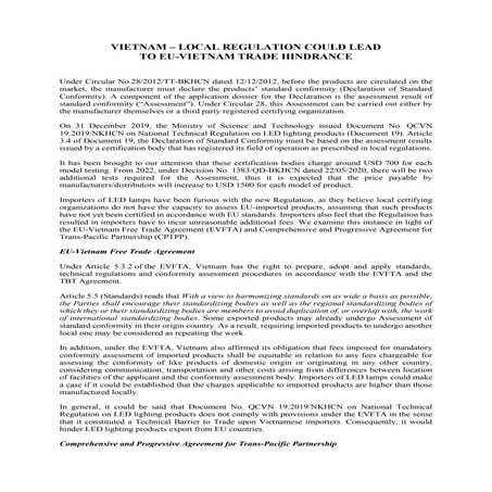 VIETNAM – LOCAL REGULATION COULD LEAD  TO EU-VIETNAM TRADE HINDRANCE