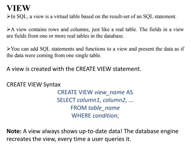 Concept of View in Database management  system