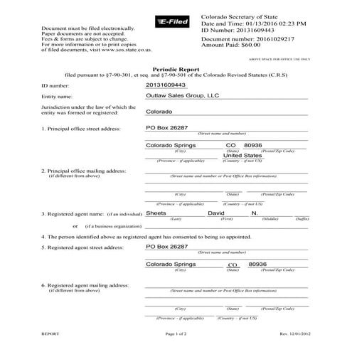 Dave Sheets - Outlaw Sales Group noncompliant corporation