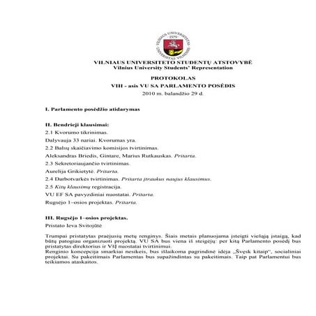 VIII-ojo VU SA Parlamento posėdžio protokolas | PDF