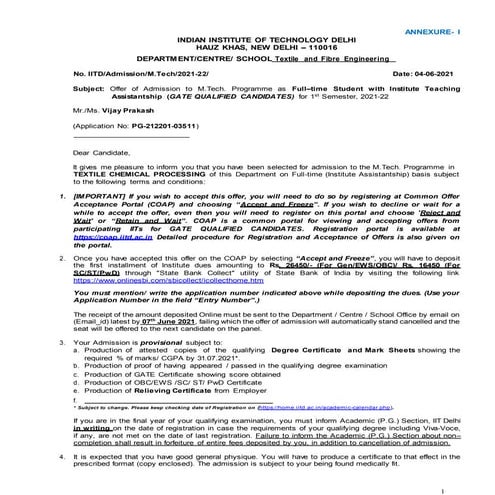 Vijay  prakash offer letter for INDIAN INSTITUTE OF TECHNOLOGY DELHI HAUZ KHAS, NEW DELHI – 110016