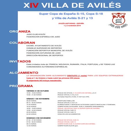 Invitación XIV Villa de Avilés 2014. Super Copa de España de Judo.