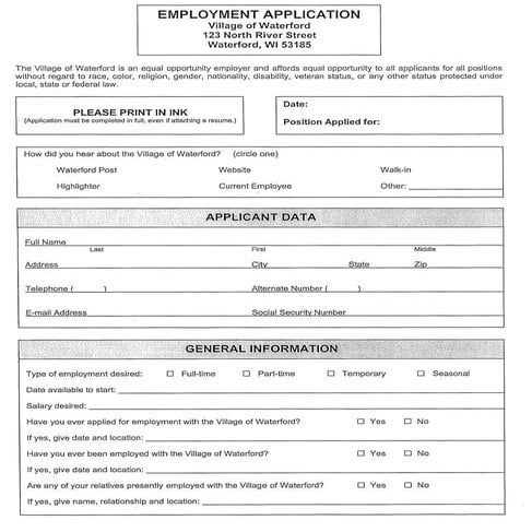 Village of waterford employment application