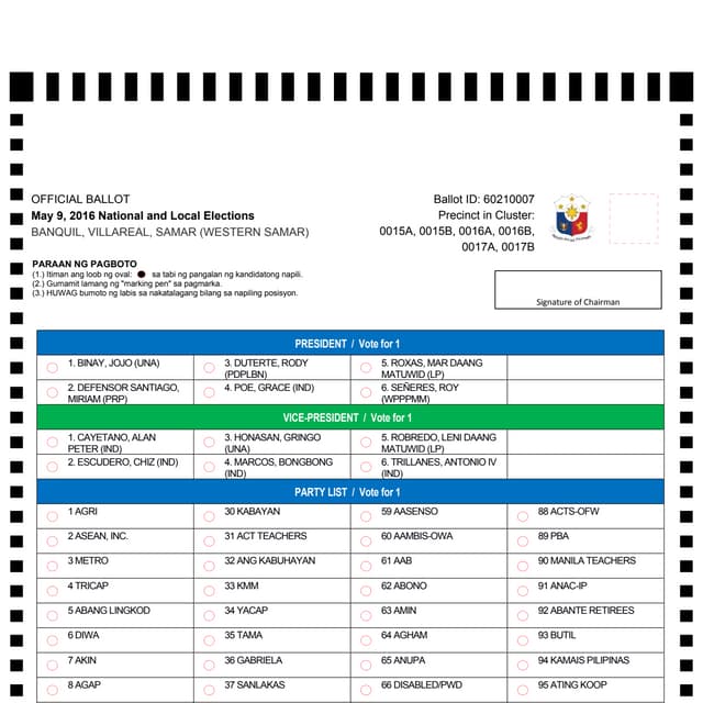 Villareal - 2016 Official Ballot