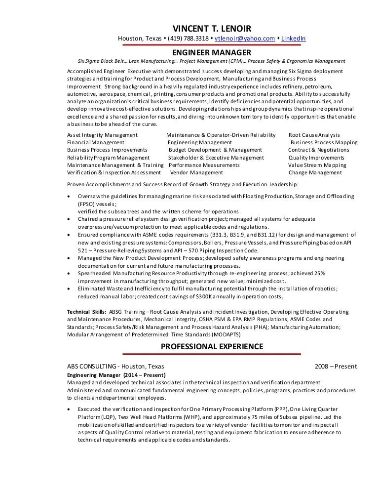 Vincent Lenoir Engineering Executive Resume 2016