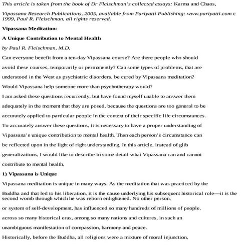 Vipassana Meditation: A Unique Contribution to Mental Health