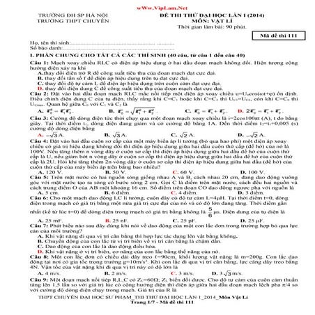 Đề thi thử ĐH Sư Phạm Hà Nội Lần 1 năm 2014 - VipLam.Net