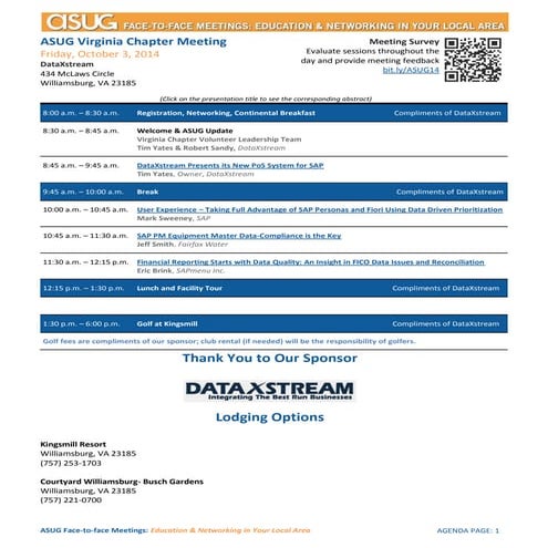 ASUG Virginia Chapter meeting   10.3.14 agenda