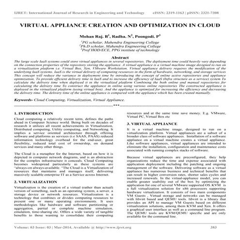 Virtual appliance creation and optimization in cloud