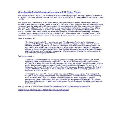 Virtual quests   dialogic language learning with 3d virtual worlds
