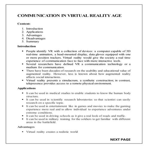 Virtual reality report