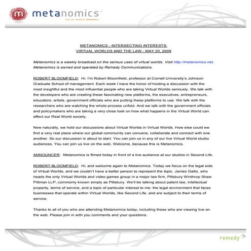 Metanomics: Virtual Worlds and the Law, Transcript