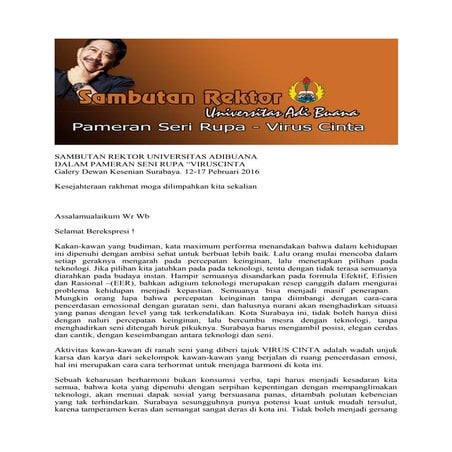 Sambutan Rektor Universitas Adi Buana Pameran seni Rupa "Virus cinta" Djoko Aw