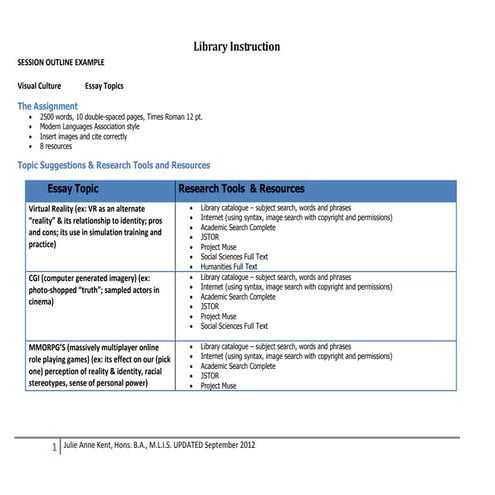 Library Instruction Session Outline Example