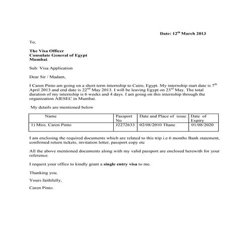 Visa covering letter example | PDF