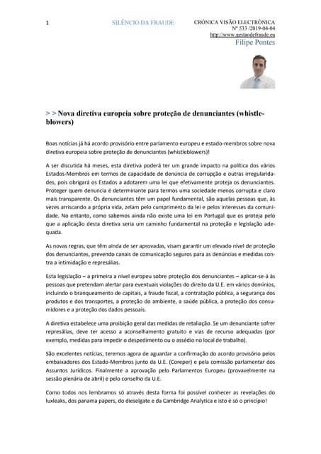 Nova diretiva europeia sobre proteção de denunciantes (whistleblowers) Visao533