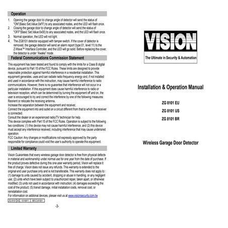 Vision ZG8101 Wireless Garage Door Detector - Installation Manual