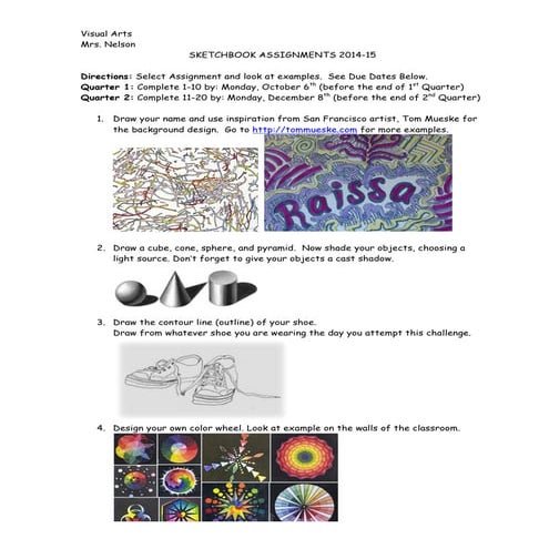 Visual Arts Fall 2014 Sketchbook Assignments 