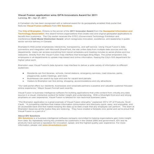 Visual Fusion application wins GITA Innovators award for 2011