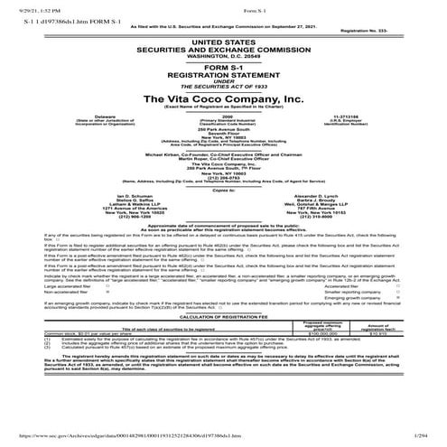 Vita Coco S1 Filing in Advance of IPO