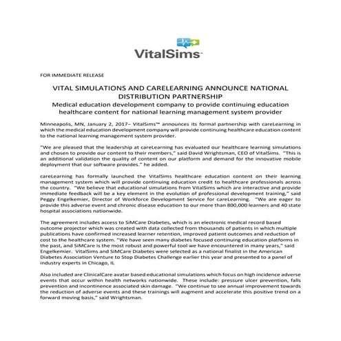VitalSims careLearning Press Release