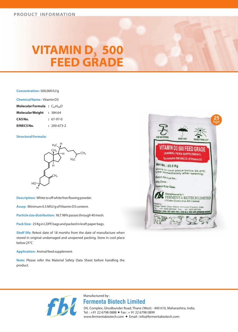 Vitamin d3cholecalciferol500feedgradeproductinformation