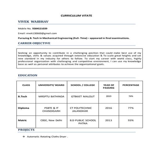 fresher studnts resume
